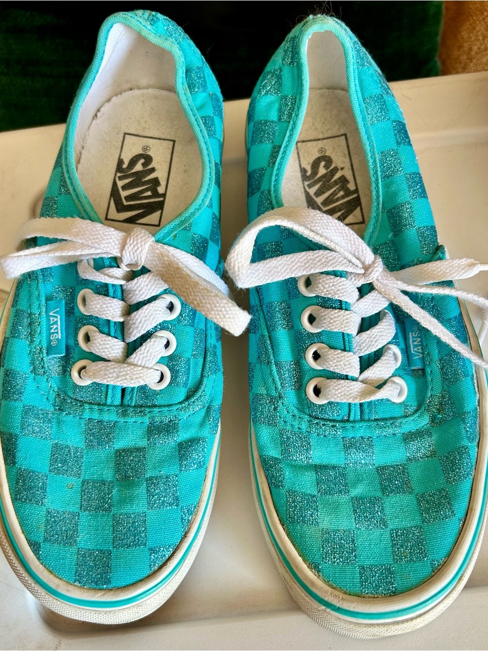 Vans Women’s Turquoise Glitter Checkerboard Lace-Up Sneakers